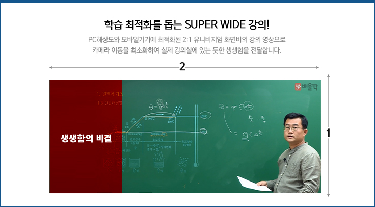 21:9 Super Wide Full HD 영상 서비스 기존의 영상보다 1.5배 얿고 선명한 영상으로, 퀘적한 강의 시청을 제공합니다.